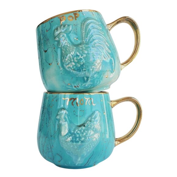 Kitsch Mugs 60s Vintage Ceramic Mom & Pop Rooster Hen Cups Turquoise Gold 24 oz - Picture 2 of 11